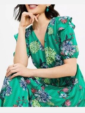 Nwot Medium LOFT Green Floral Tiered Midi Dress with Drawstring Waist